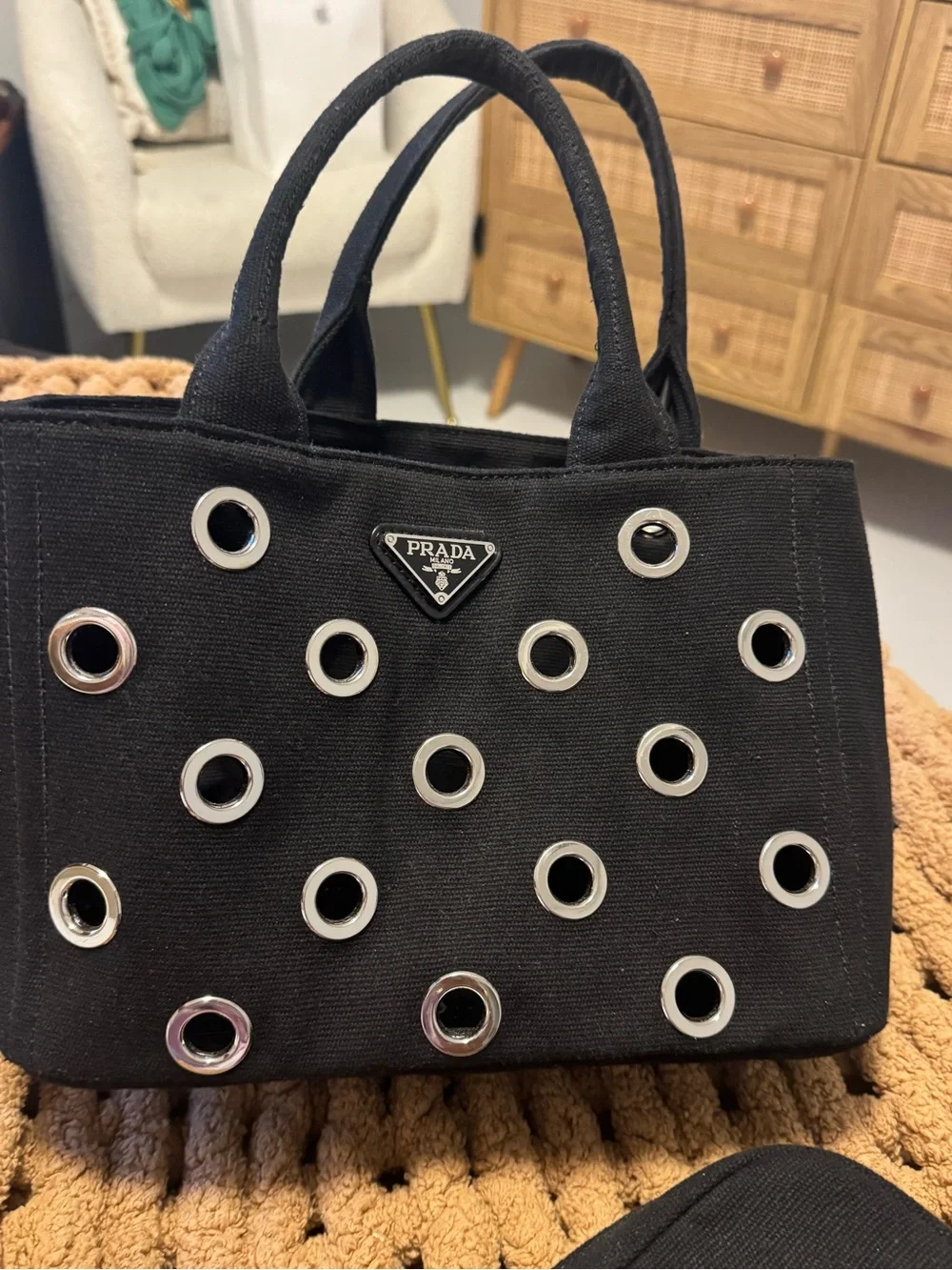 Black Canvas Tote with Silver Grommet Accents